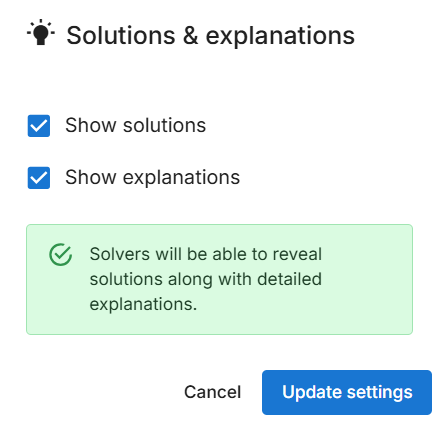A dialog with solutions and explanations settings